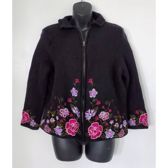 Vintage Alexandra Bartlett Black Wool Floral Embroidered Zip-Up Cardigan Jacket - Picture 1 of 8